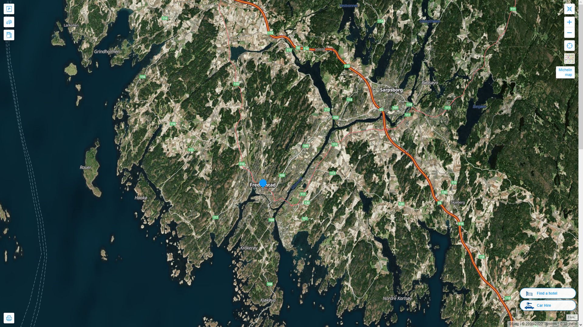 Fredrikstad Norvege Autoroute et carte routiere avec vue satellite